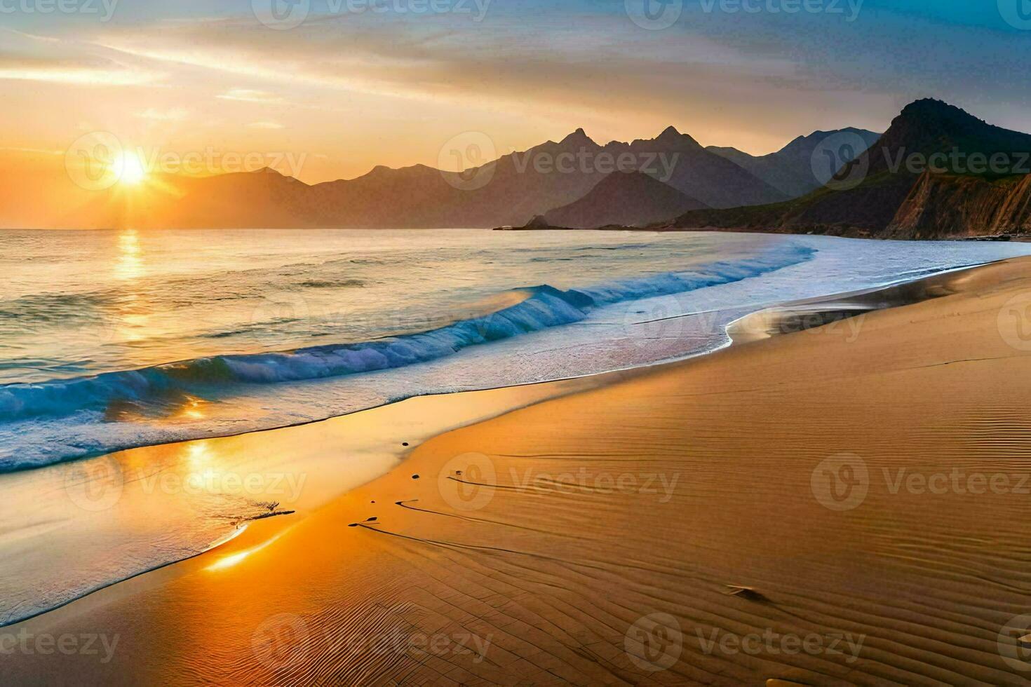 the sun rises over the mountains and the beach in this beautiful photo. AI-Generated photo