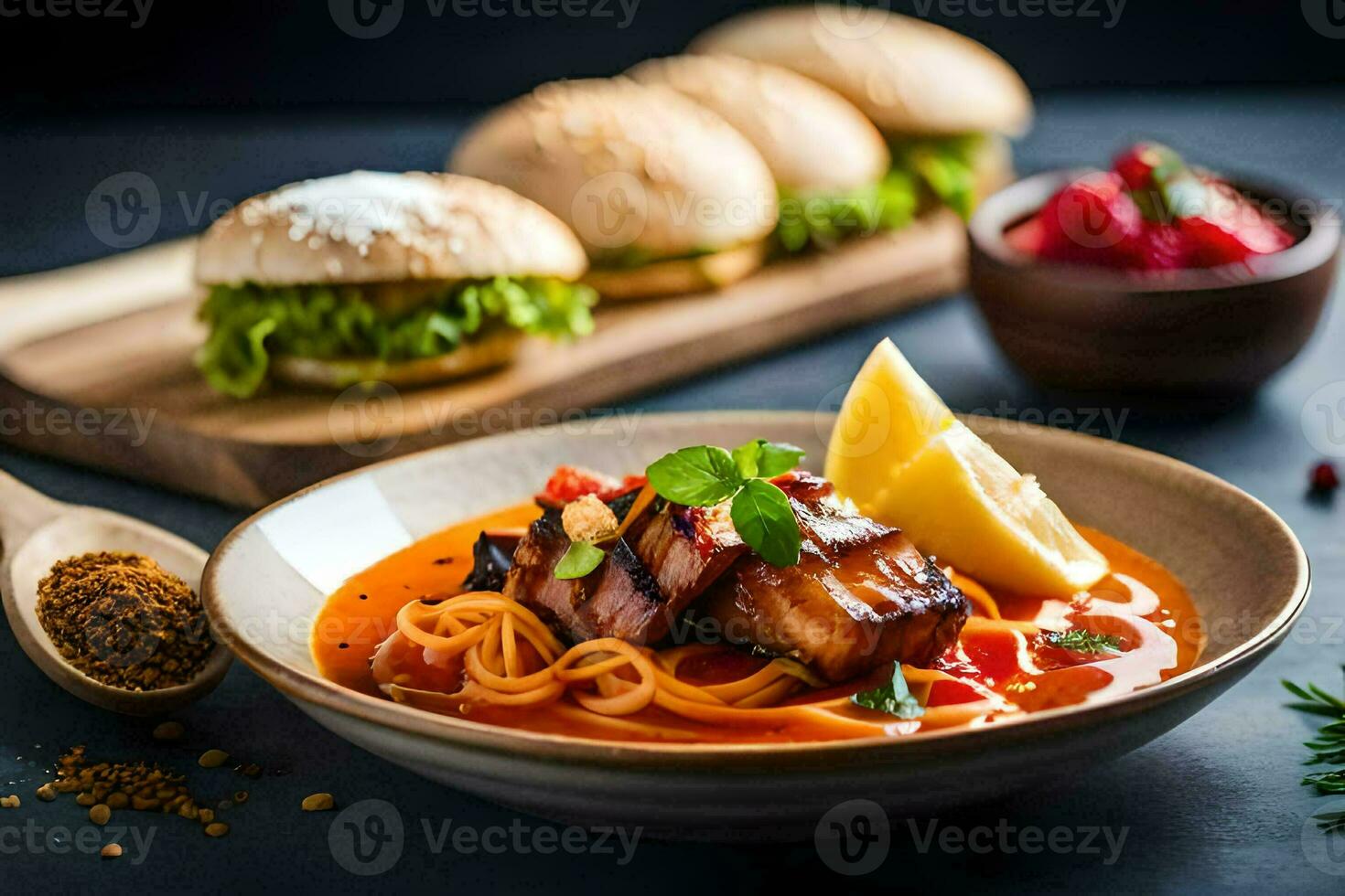 a bowl of pasta with meat and vegetables. AI-Generated photo