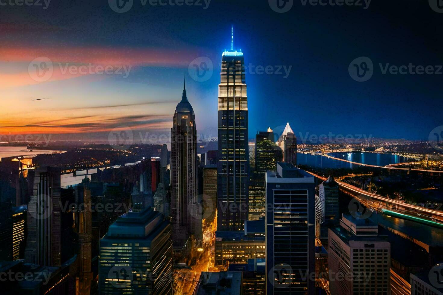 the city skyline at dusk with the empire state building in the foreground. AI-Generated photo