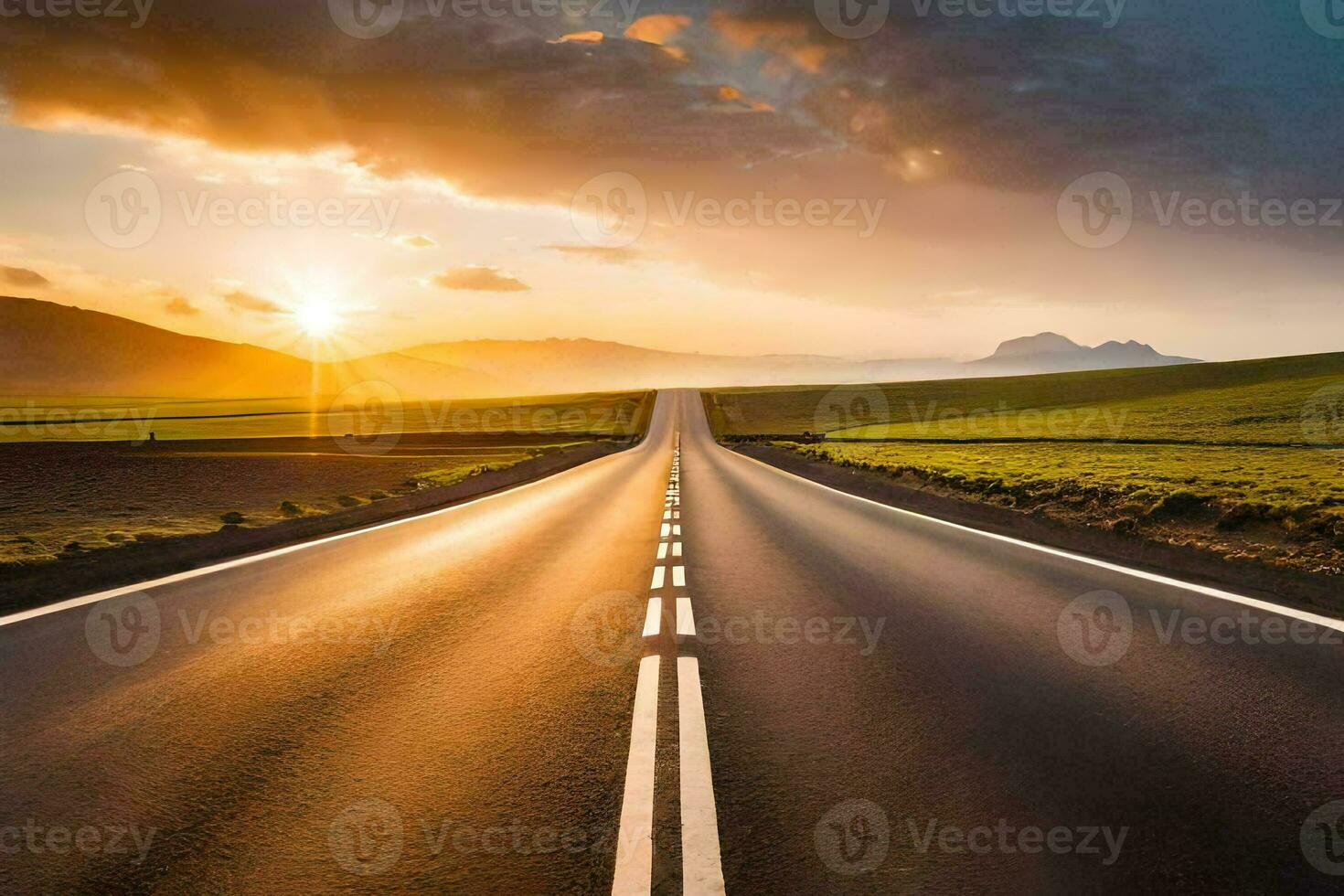 an empty road with the sun setting behind it. AI-Generated photo