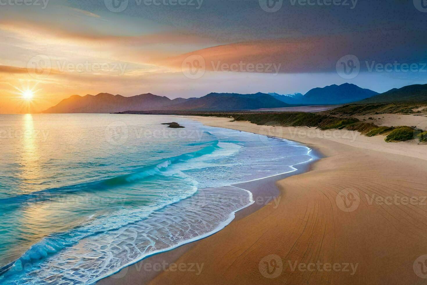 el Dom conjuntos terminado el Oceano y montañas en esta hermosa foto. generado por ai foto