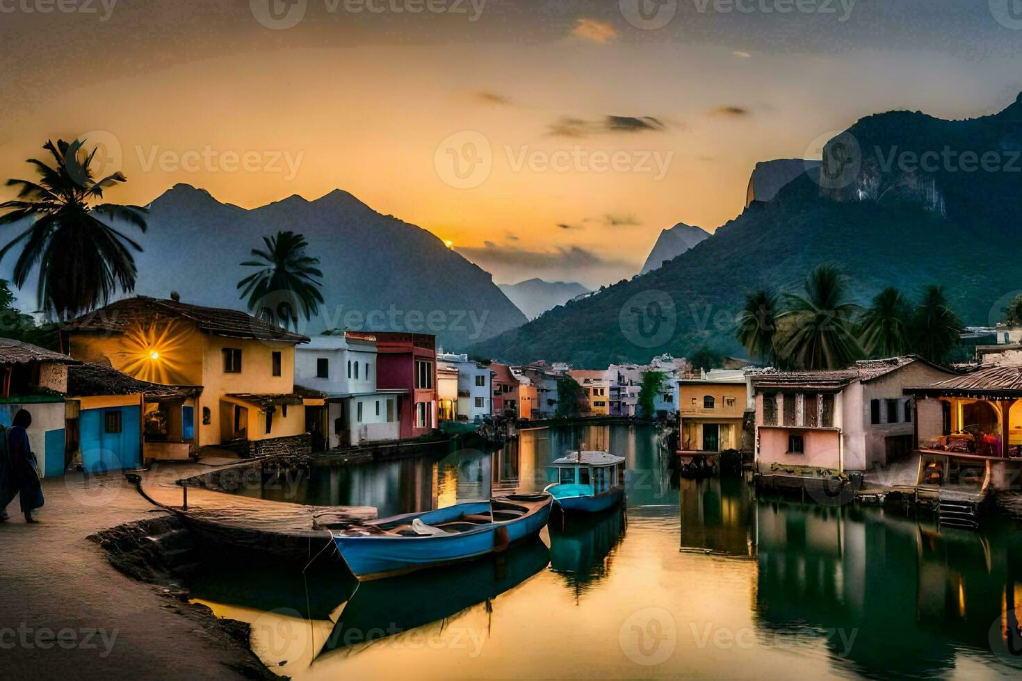 un río en frente de un pueblo con barcos y casas generado por ai foto