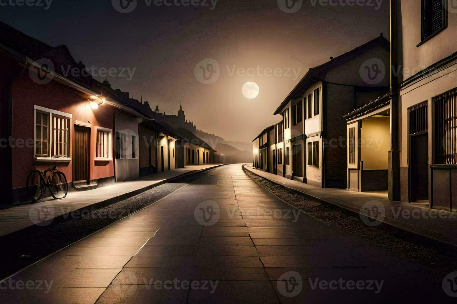 un calle a noche con un bicicleta en el medio. generado por ai foto