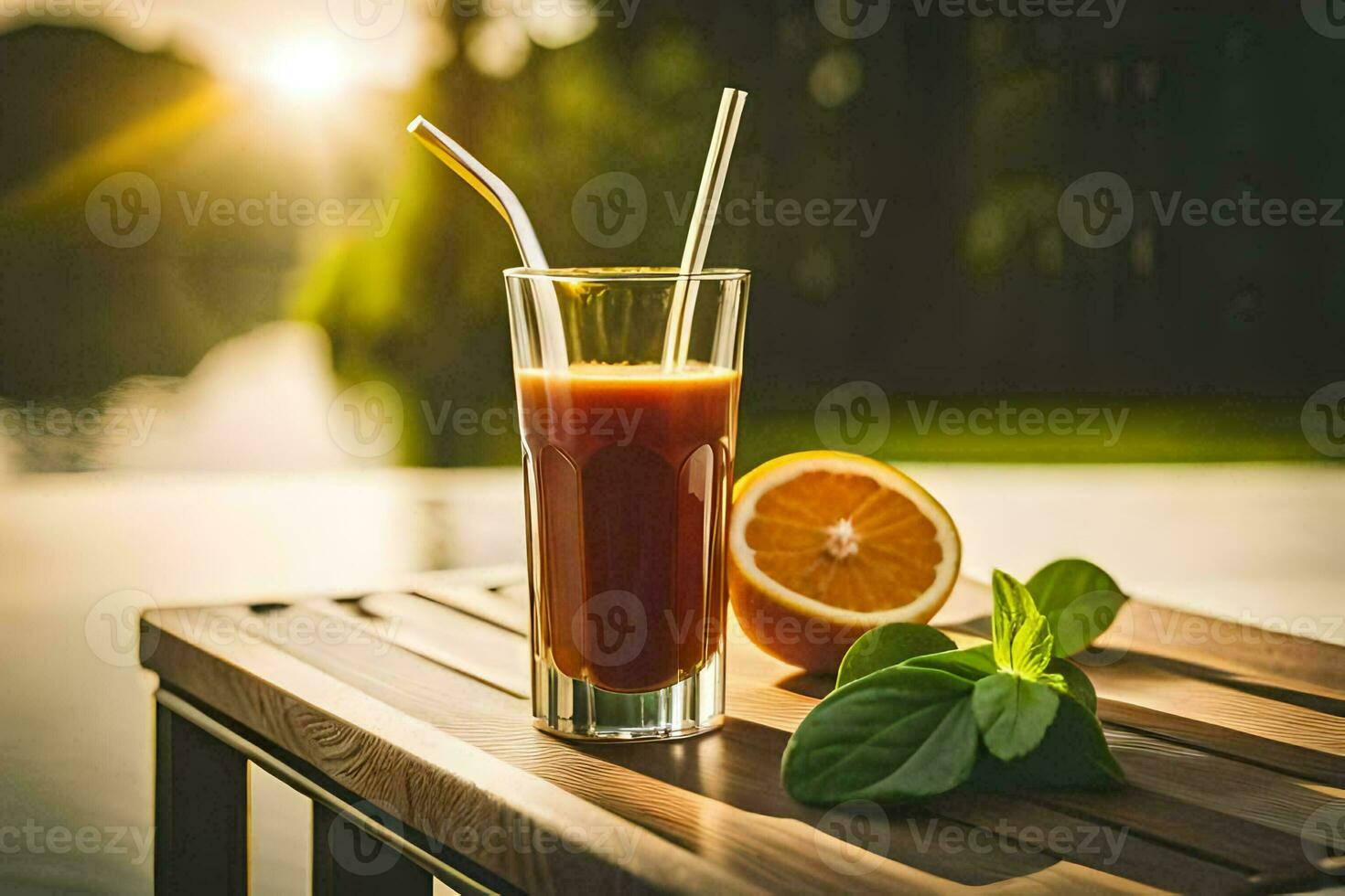 a glass of orange juice on a wooden table. AI-Generated photo