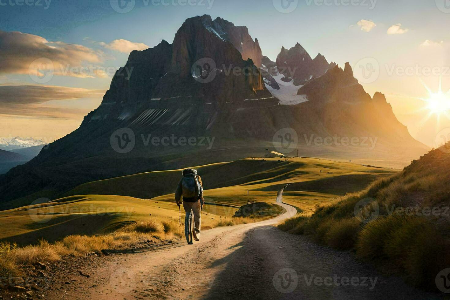 a man walks on a road in the mountains. AI-Generated photo