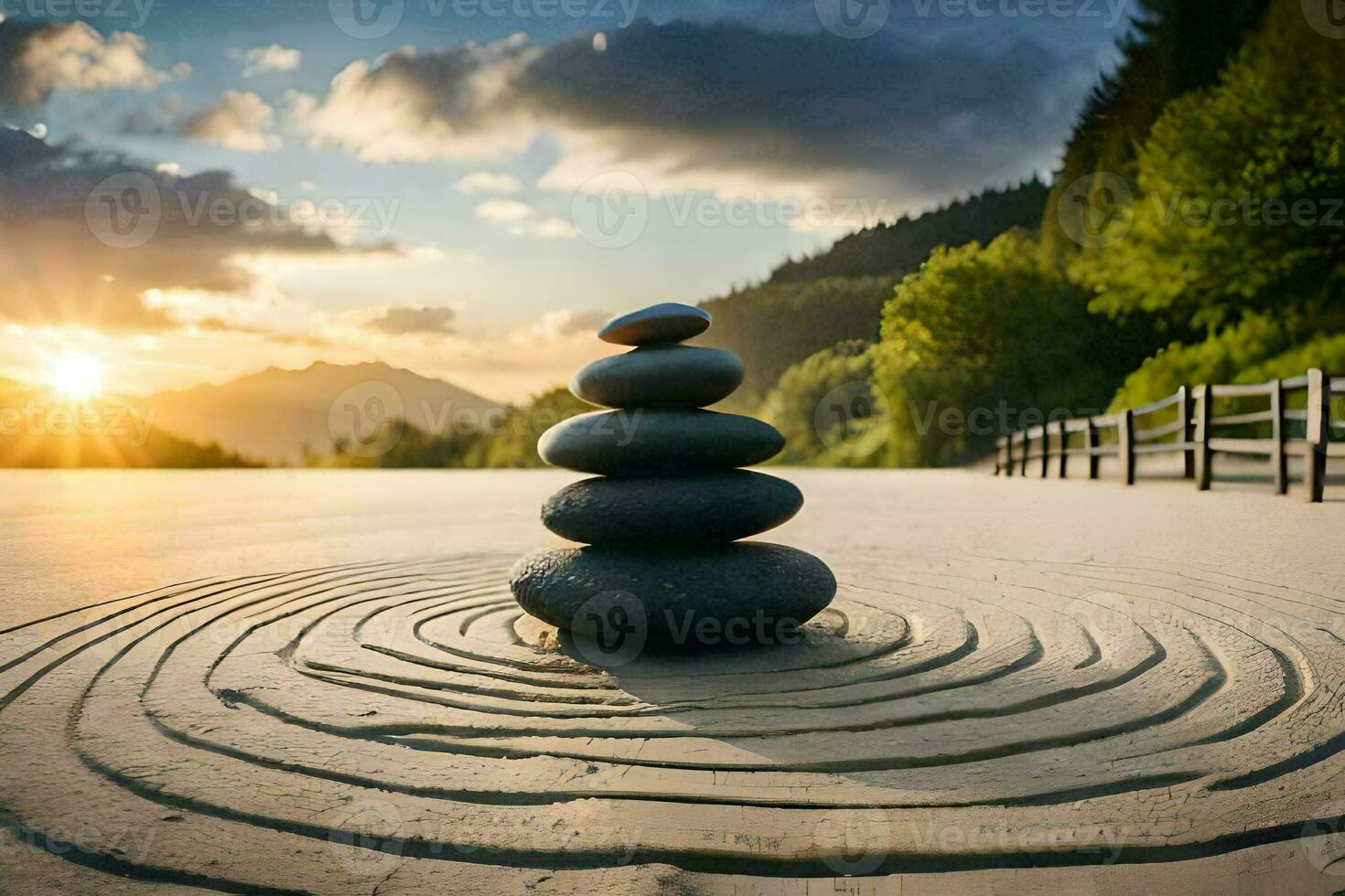 a stack of rocks on the beach at sunset. AI-Generated photo
