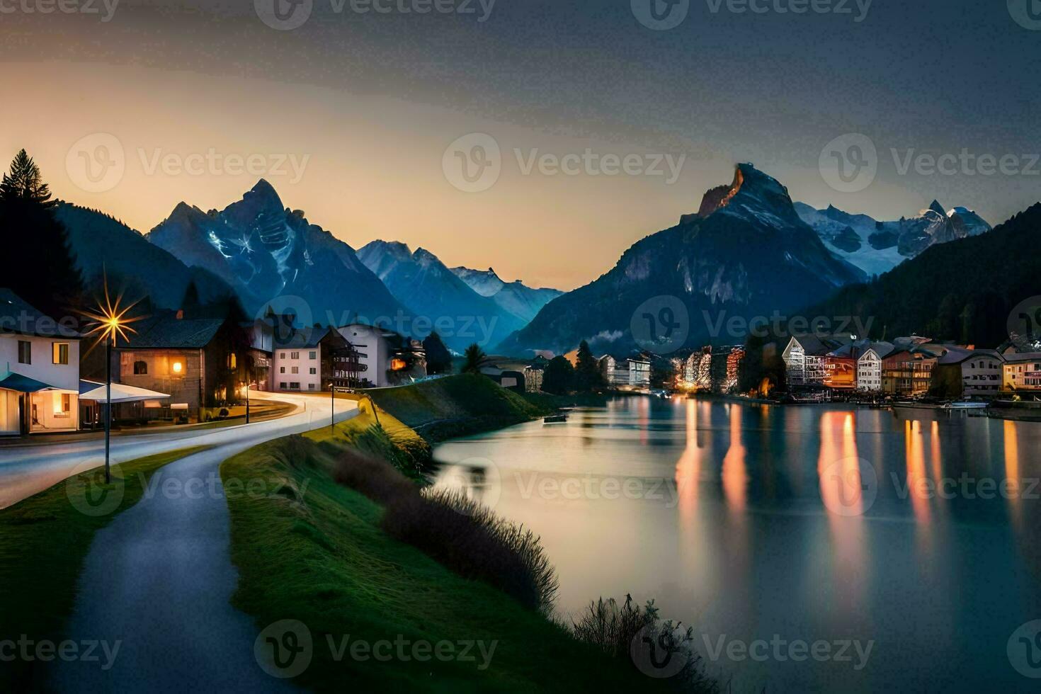 a river and mountain range at sunset. AI-Generated photo