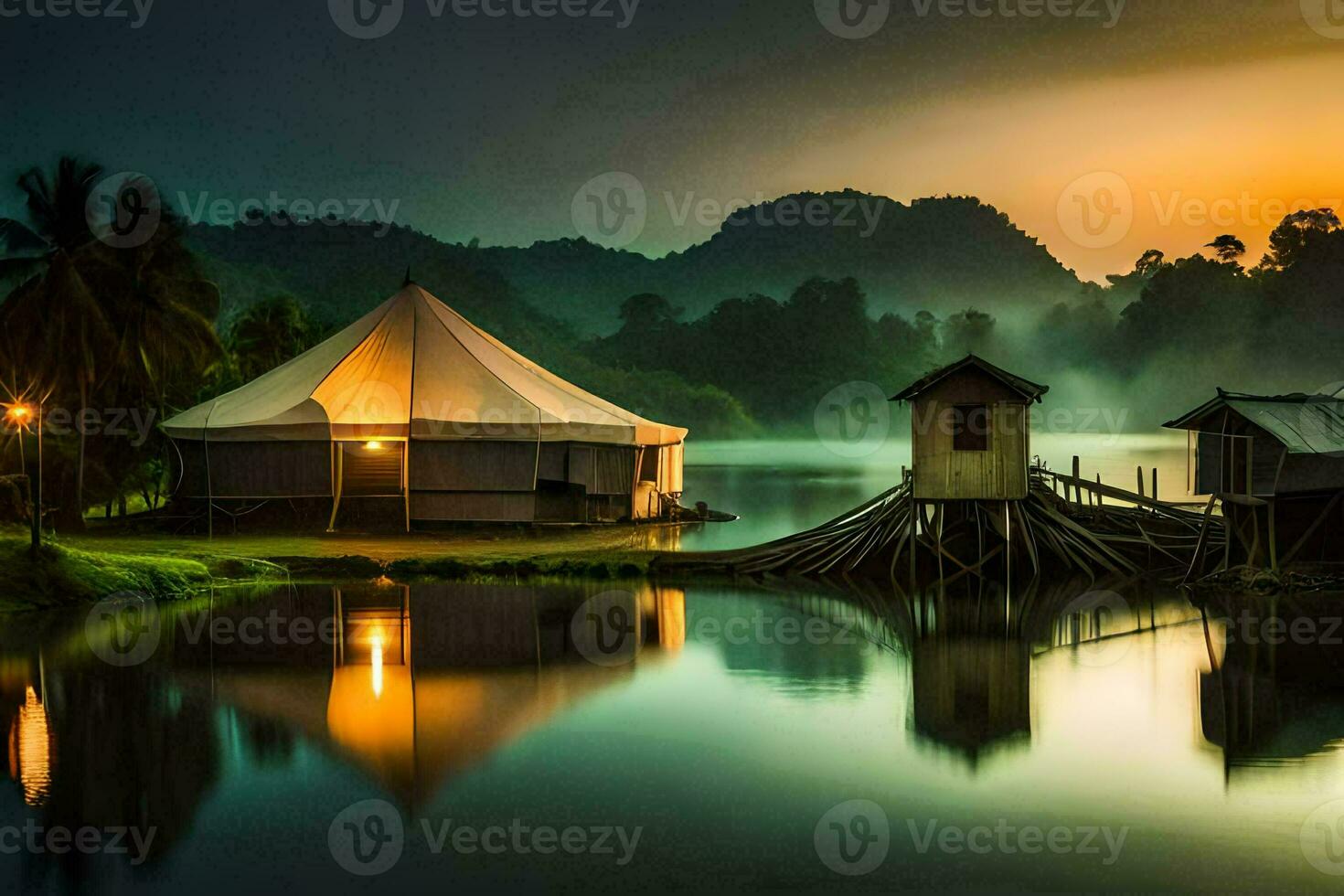 a tent sits on the shore of a lake at sunset. AI-Generated photo