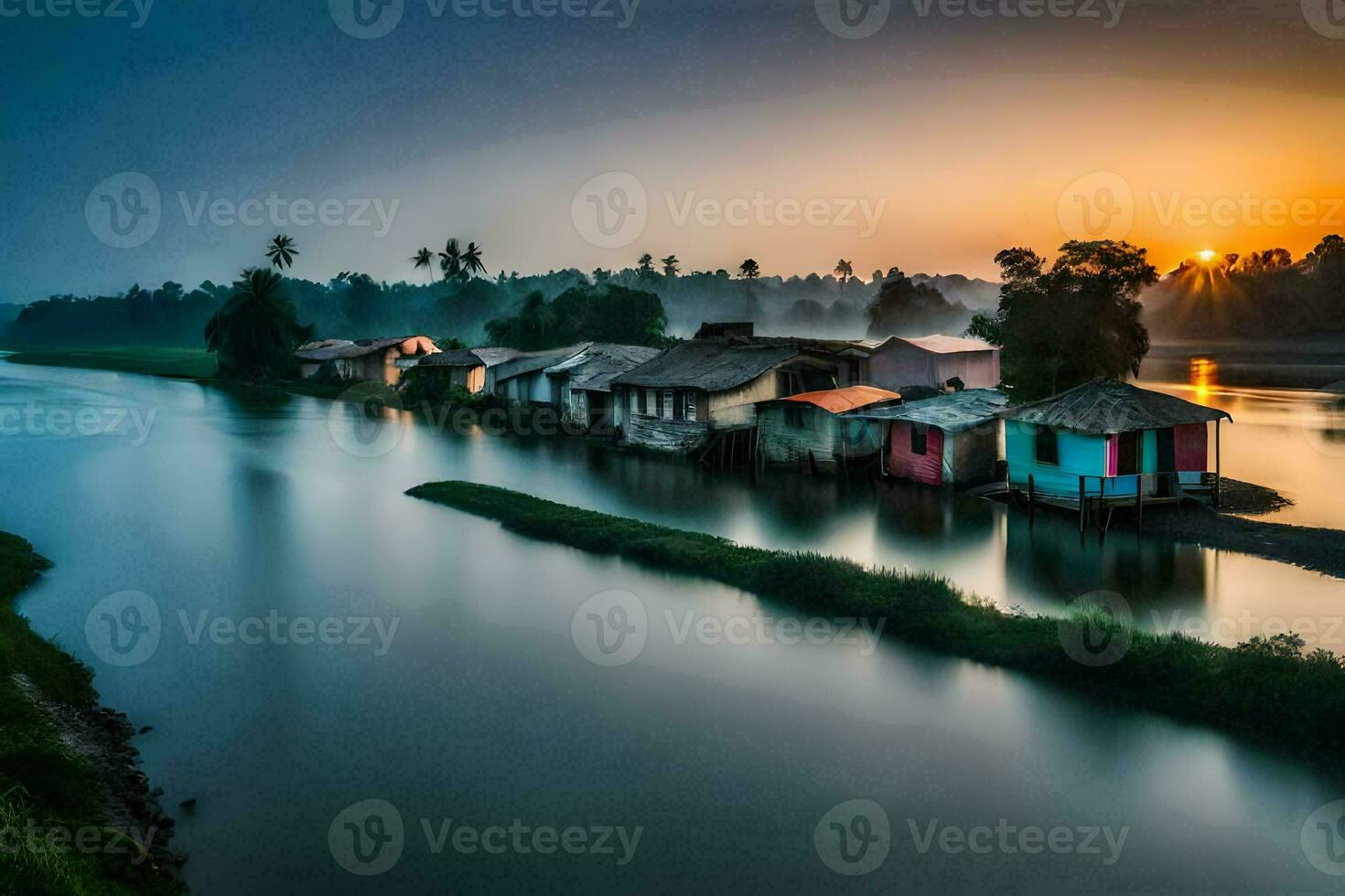 a river in the morning with houses along the shore. AI-Generated photo