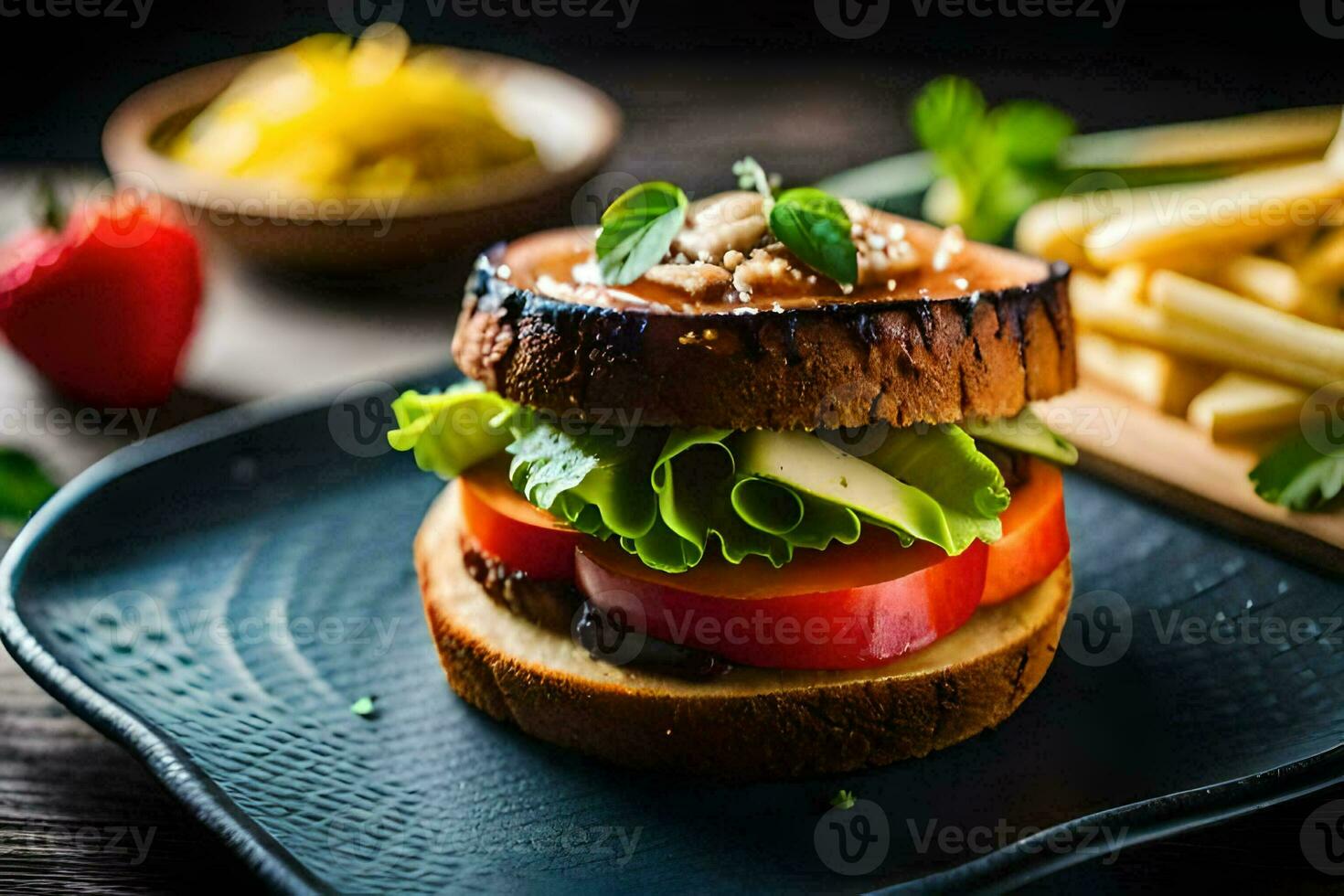 a hamburger with lettuce, tomato and cheese on a black plate. AI-Generated photo