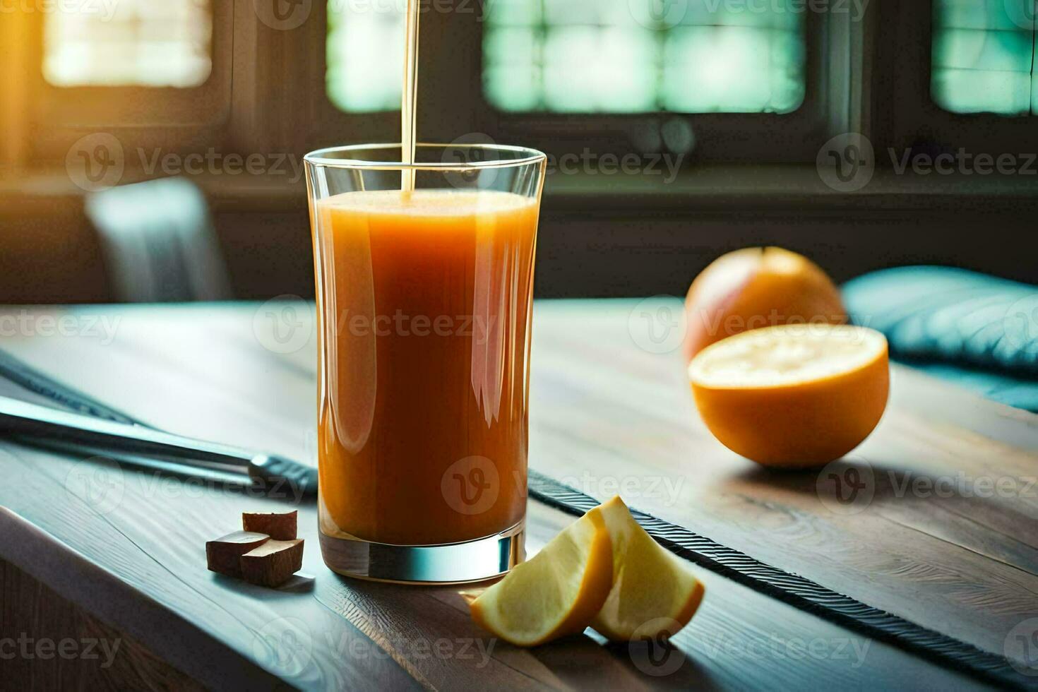 orange juice being poured into a glass. AI-Generated photo