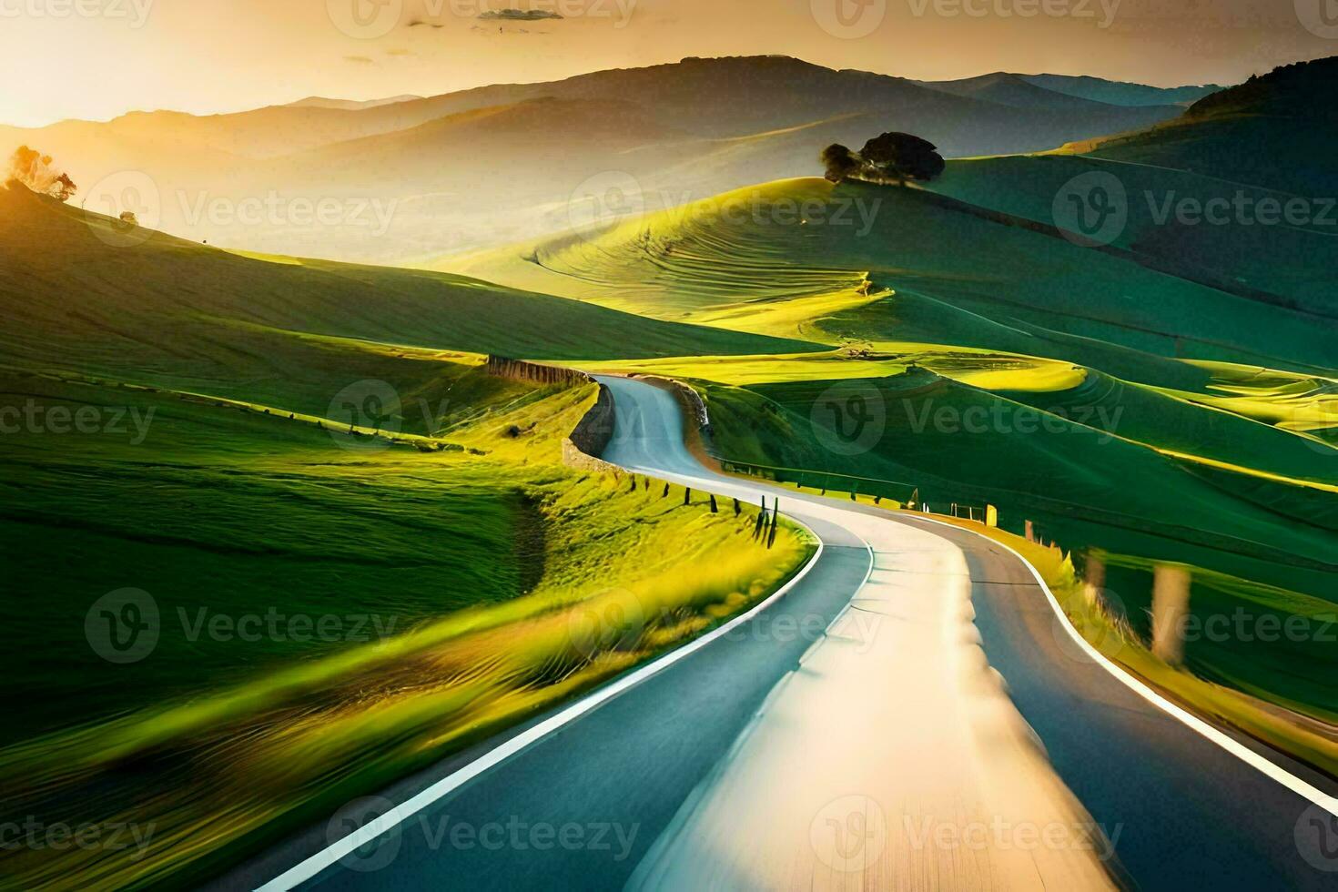 a road in the mountains with a green hill. AI-Generated photo