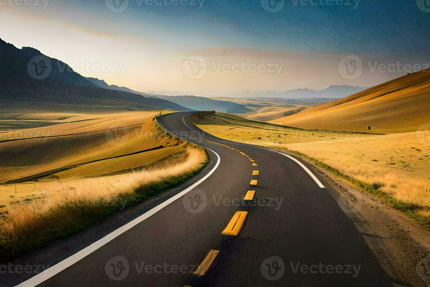 un largo la carretera en el medio de un campo. generado por ai foto