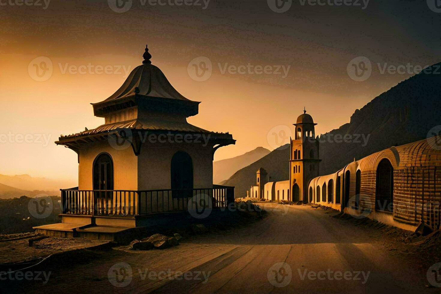 a road with a small building in the middle of it. AI-Generated photo
