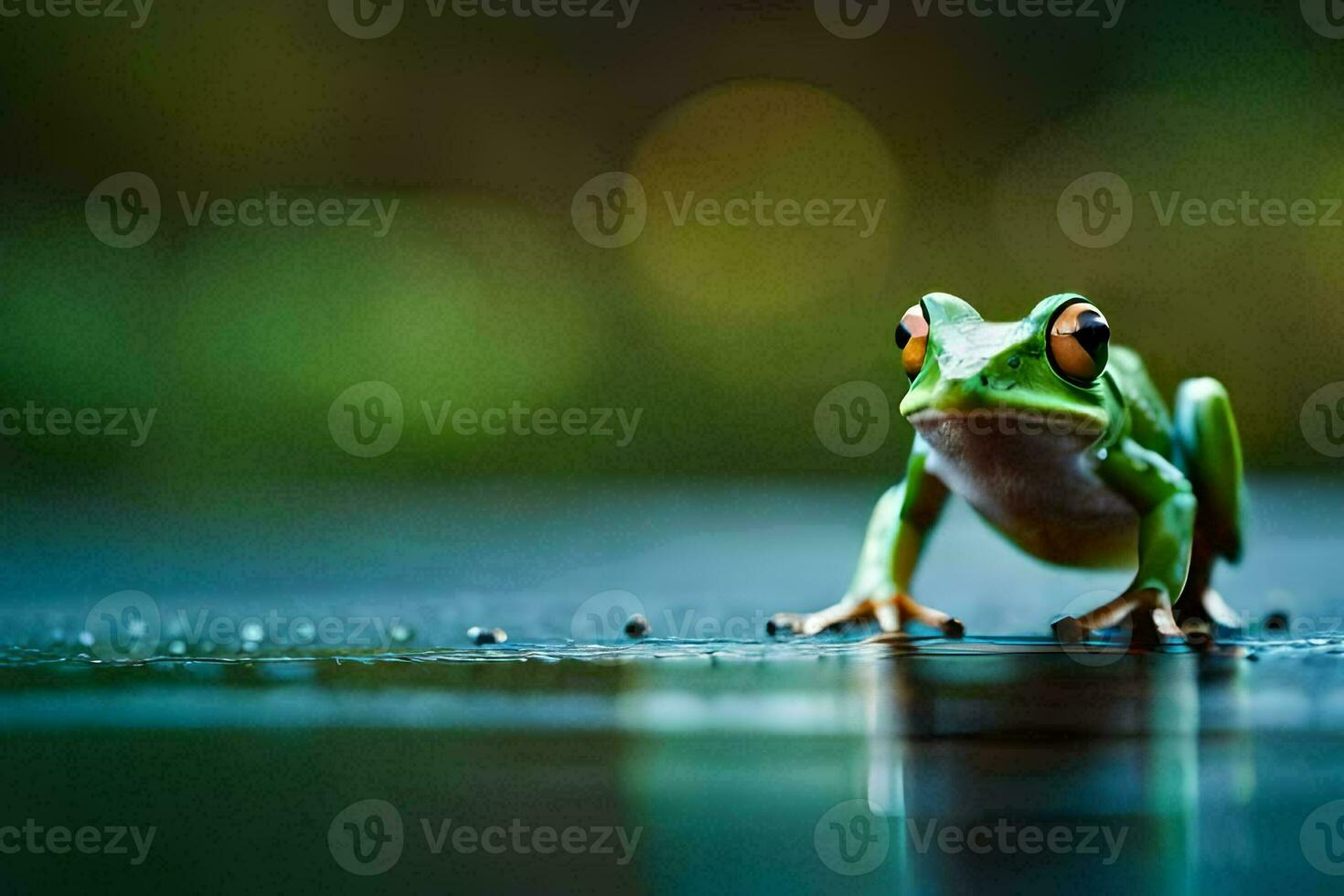 a frog sitting on a wet surface with a green background. AI-Generated photo
