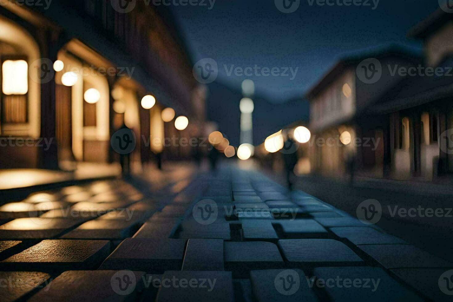 a street at night with people walking on it. AI-Generated photo