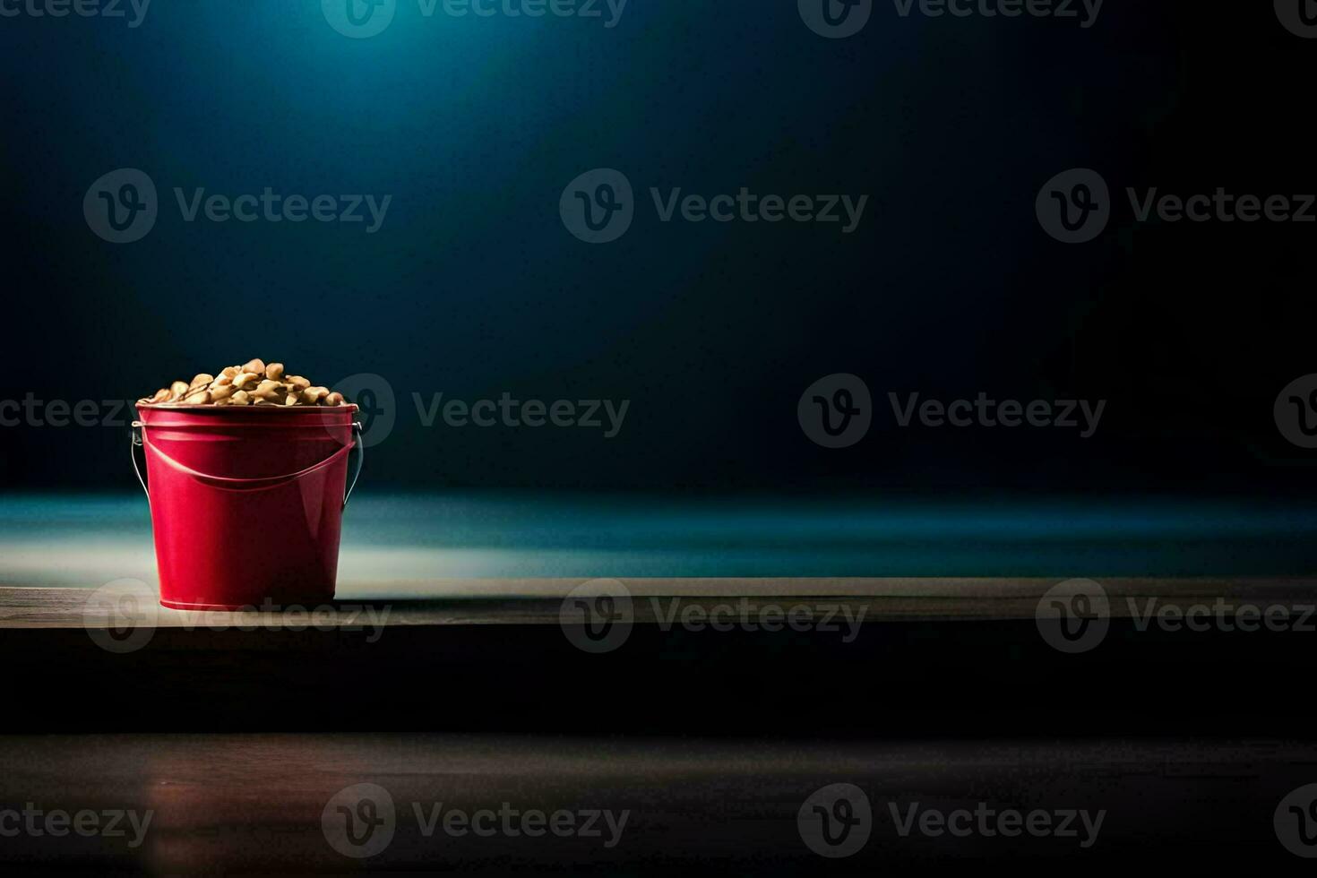 a red bucket filled with peanuts on a wooden table. AI-Generated photo