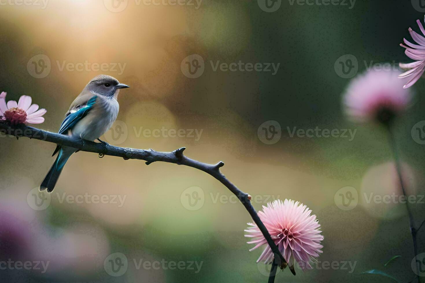 a bird sits on a branch with pink flowers. AI-Generated photo