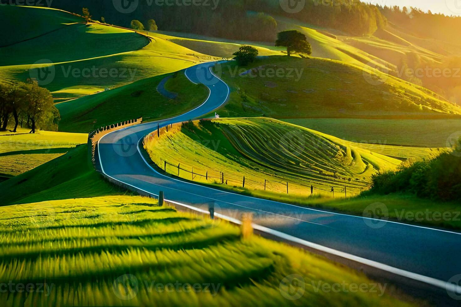 a winding road in the mountains with green grass. AI-Generated photo