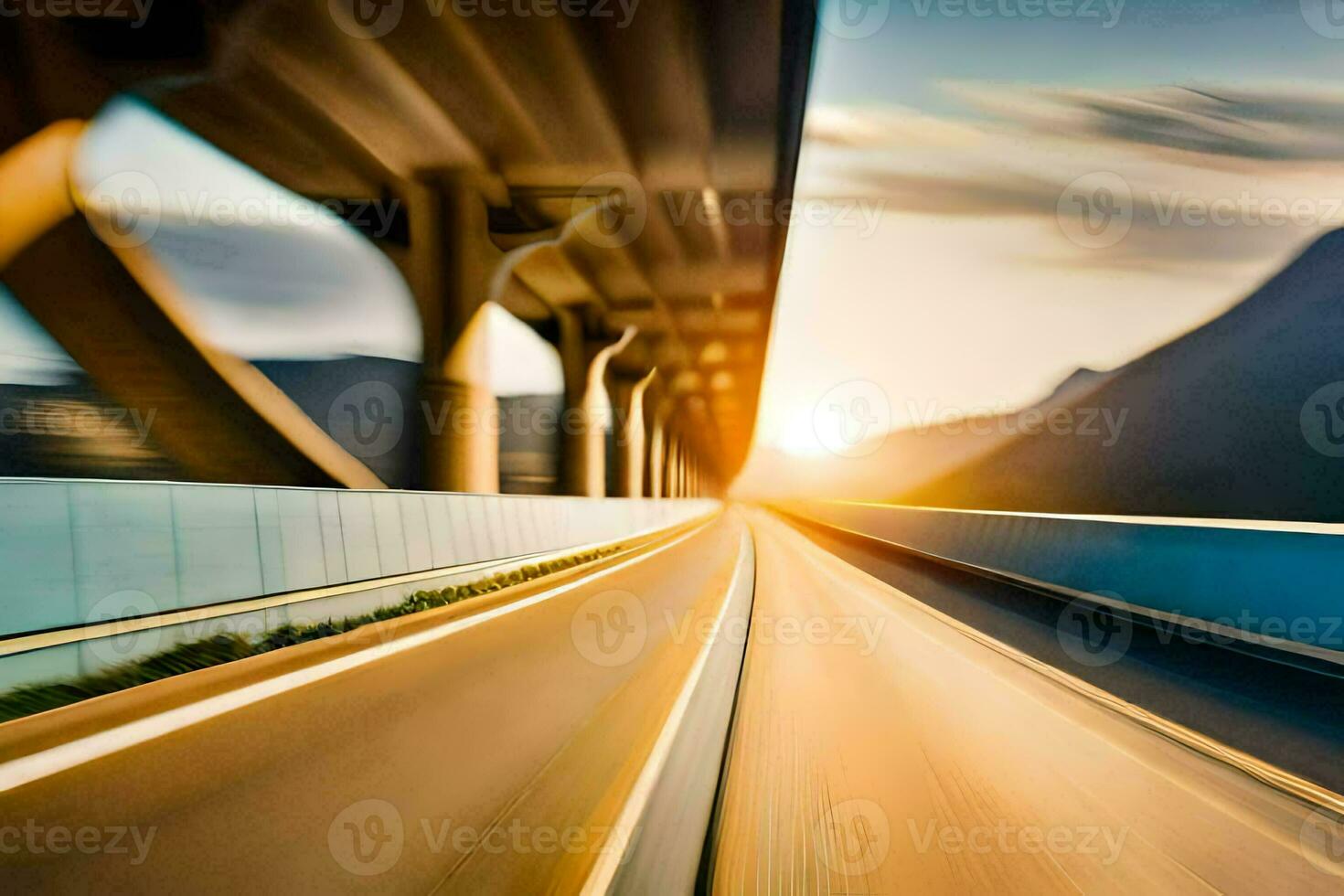 a blurry image of a highway with a bridge in the background. AI-Generated photo