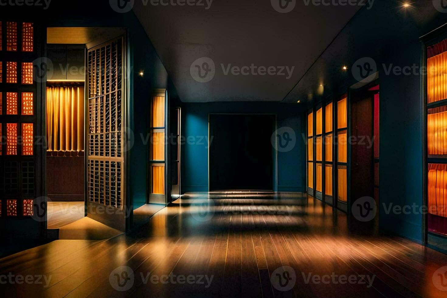 a hallway with wooden floors and blue walls. AI-Generated photo