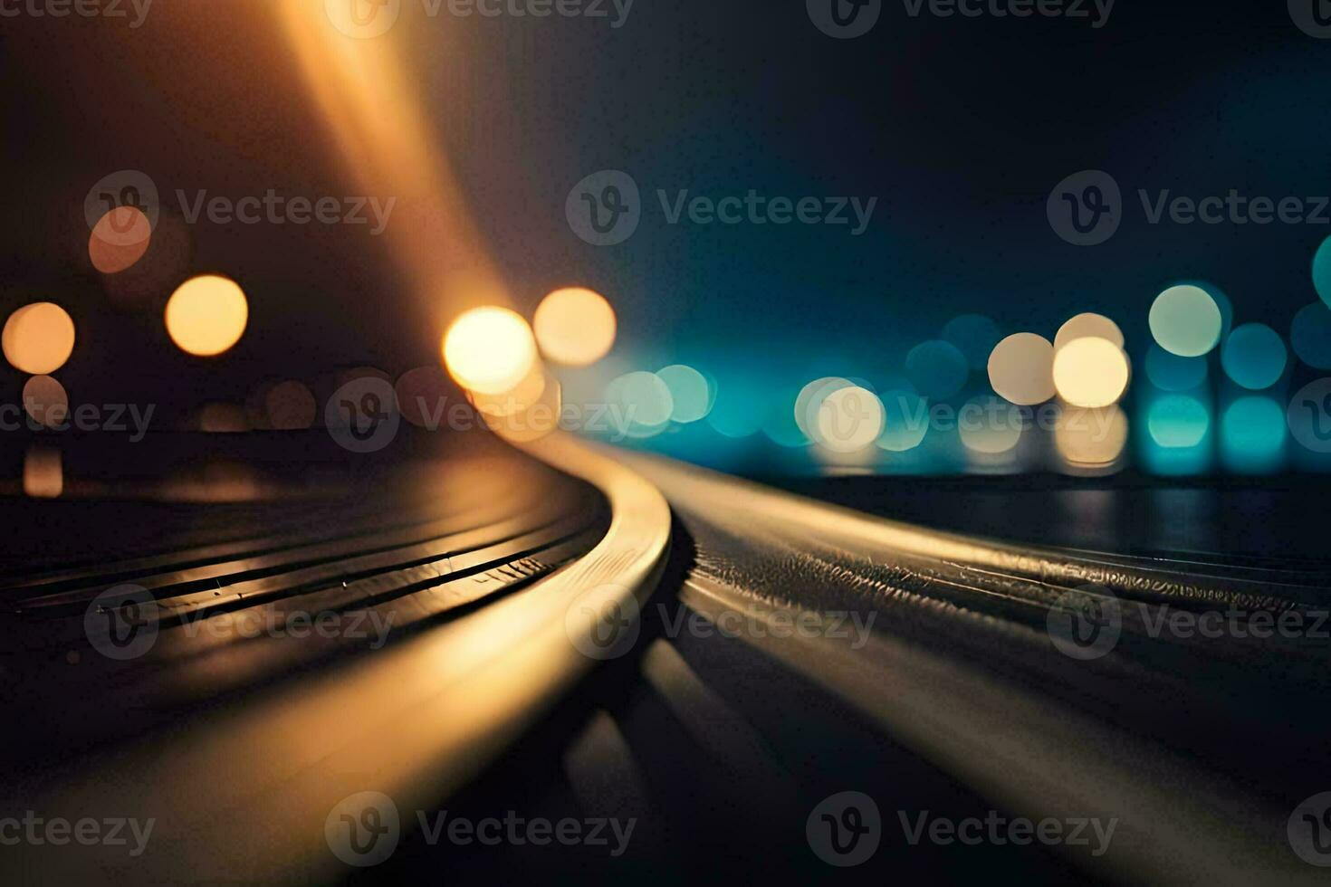 a blurry image of a train track at night. AI-Generated photo