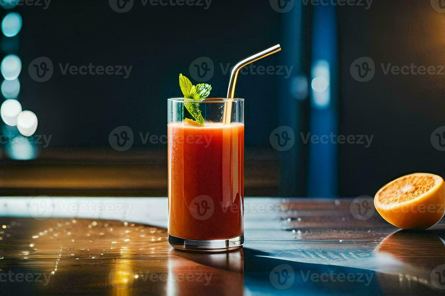 a glass of orange juice with a straw. AI-Generated photo