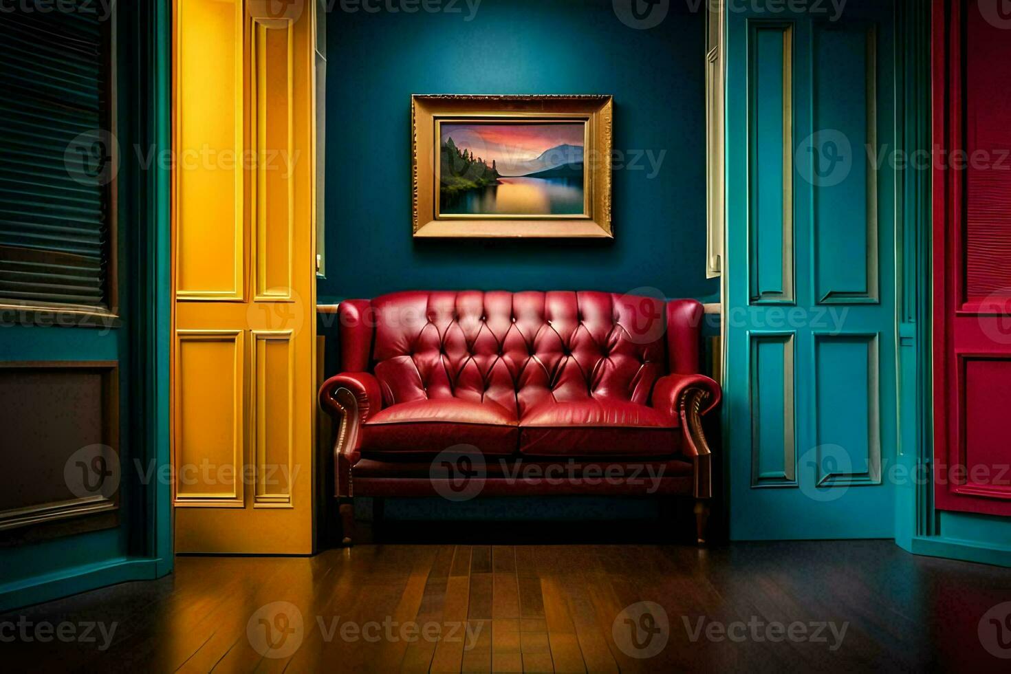 a red leather chair sits in front of a painting. AI-Generated photo