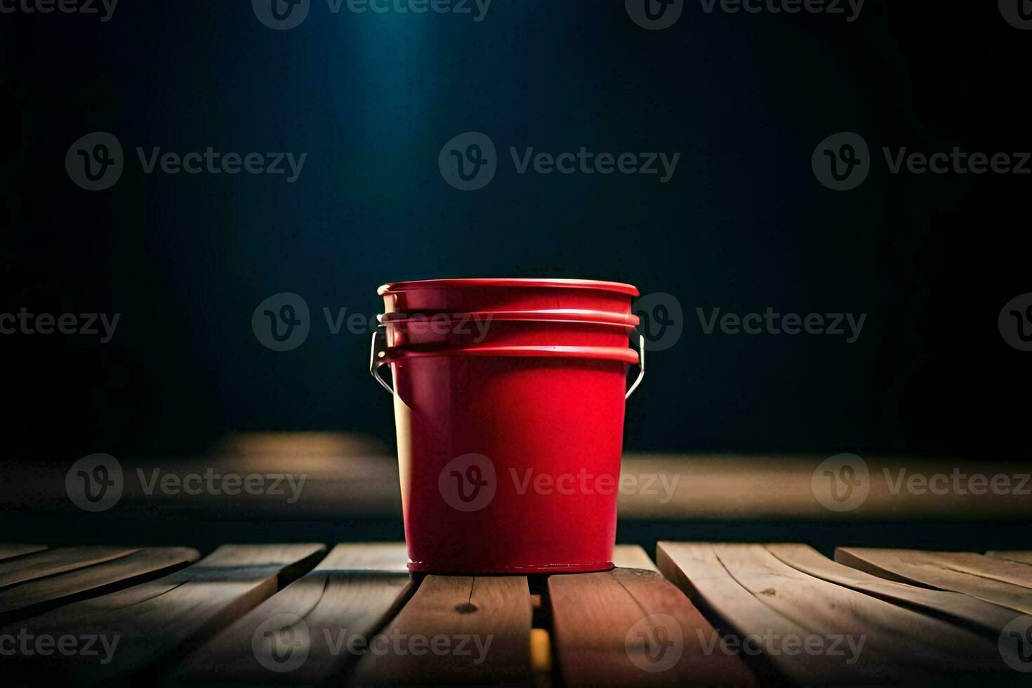 a red bucket sitting on a wooden table. AI-Generated photo