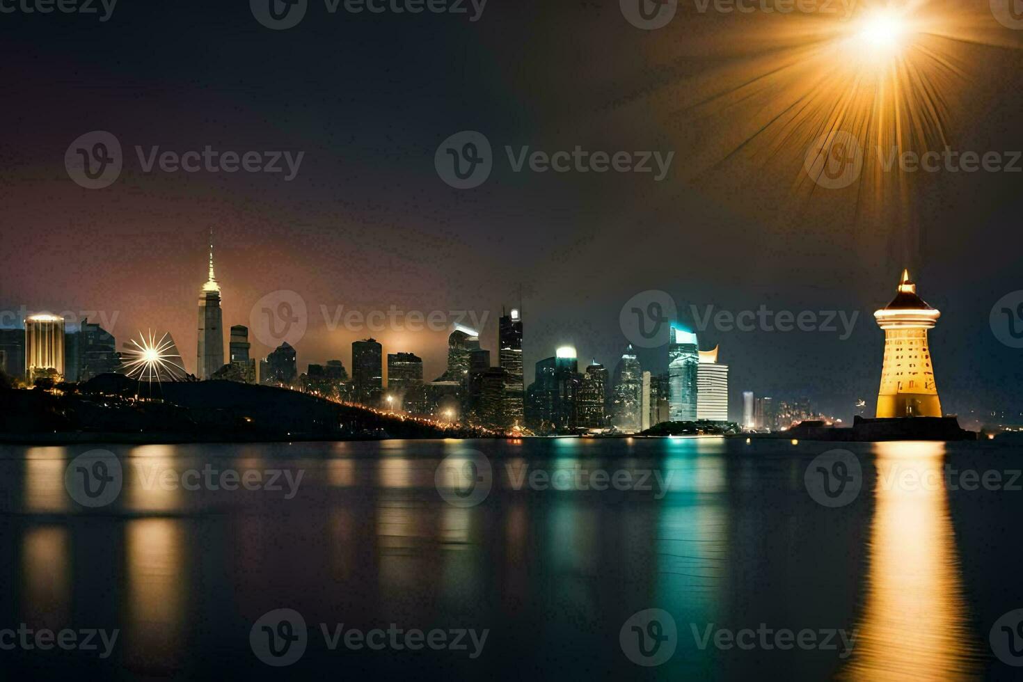 the city skyline is lit up at night with a bright light shining on it. AI-Generated photo