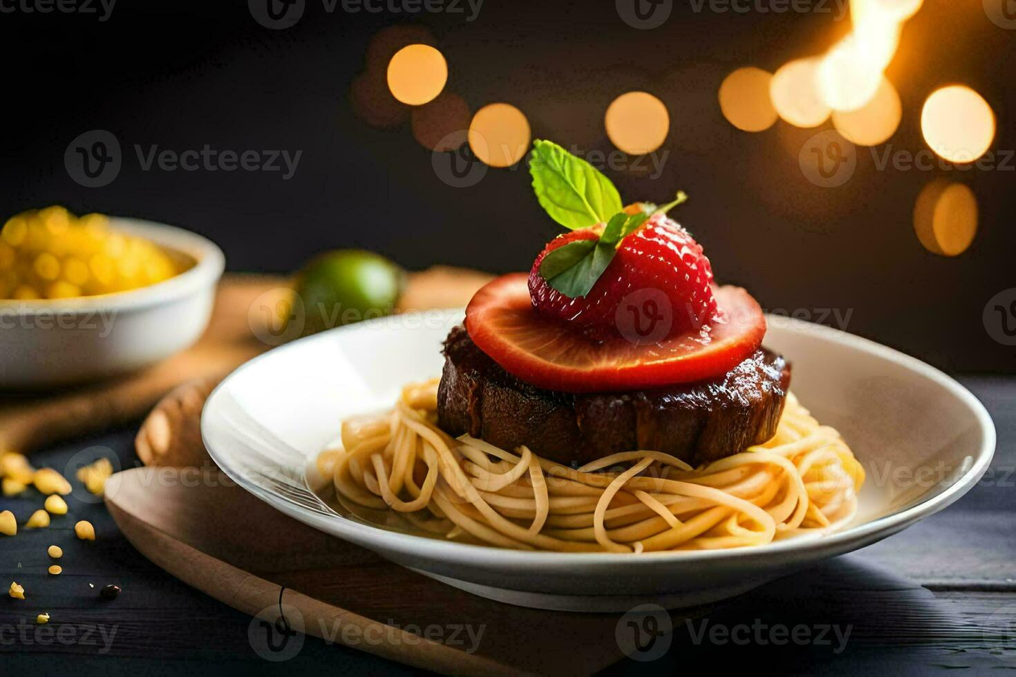 a plate with spaghetti and meat on top. AI-Generated photo