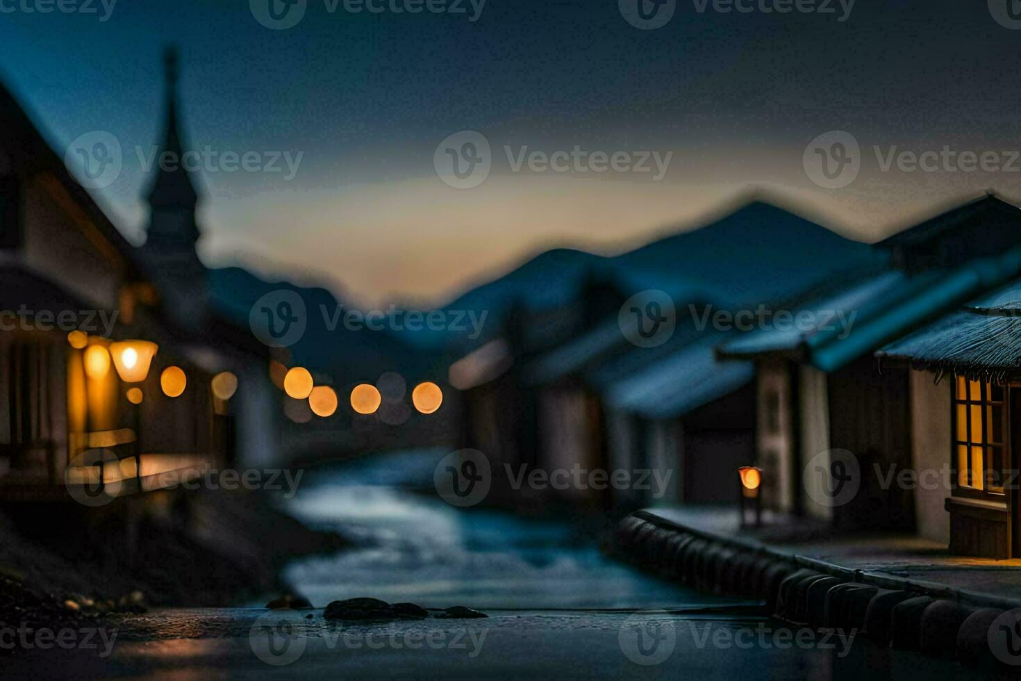 photo wallpaper the sky, water, mountains, houses, lights, the night, the lights,. AI-Generated