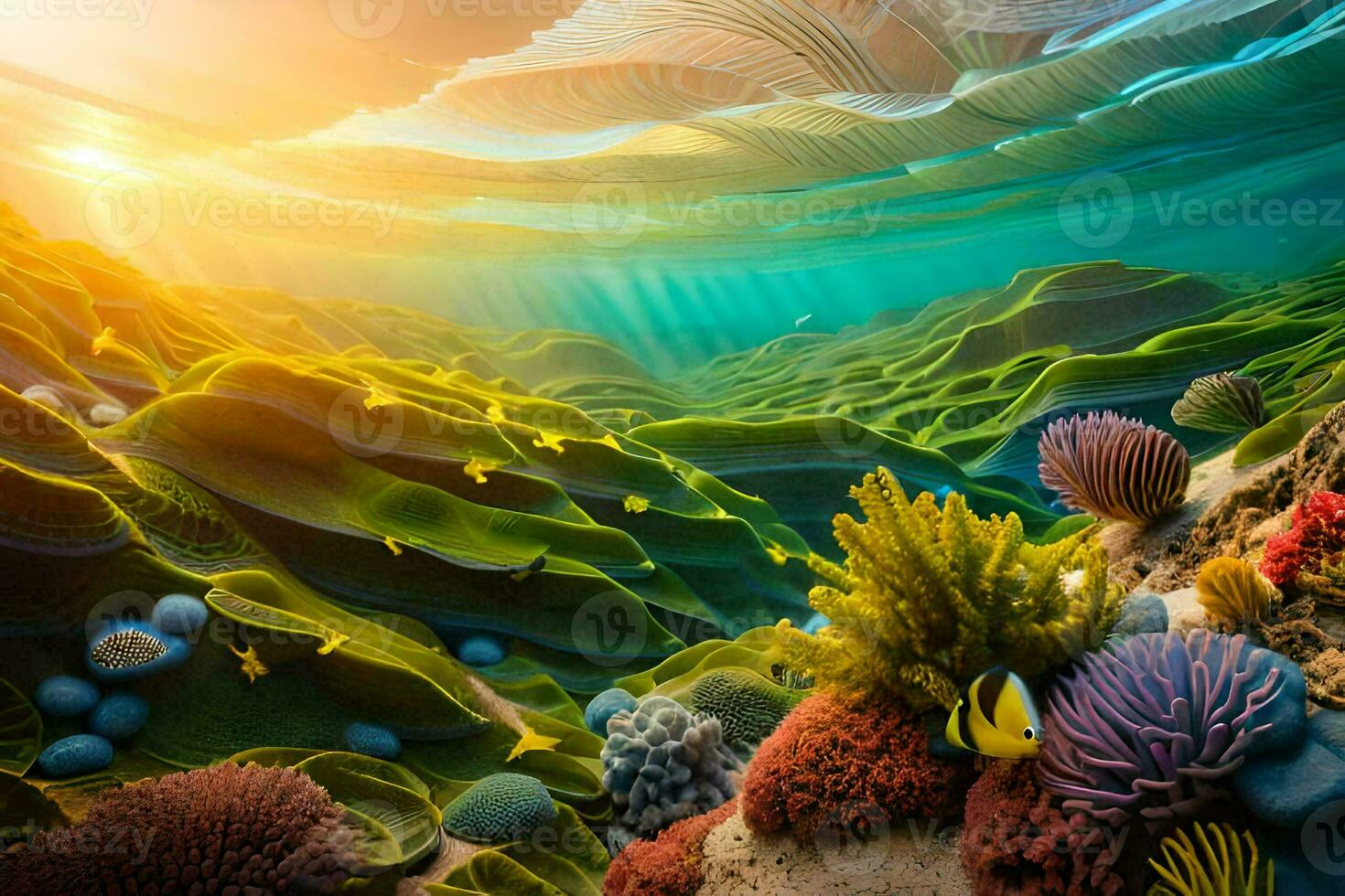 the sun shines through the ocean and over a coral reef. AI-Generated photo