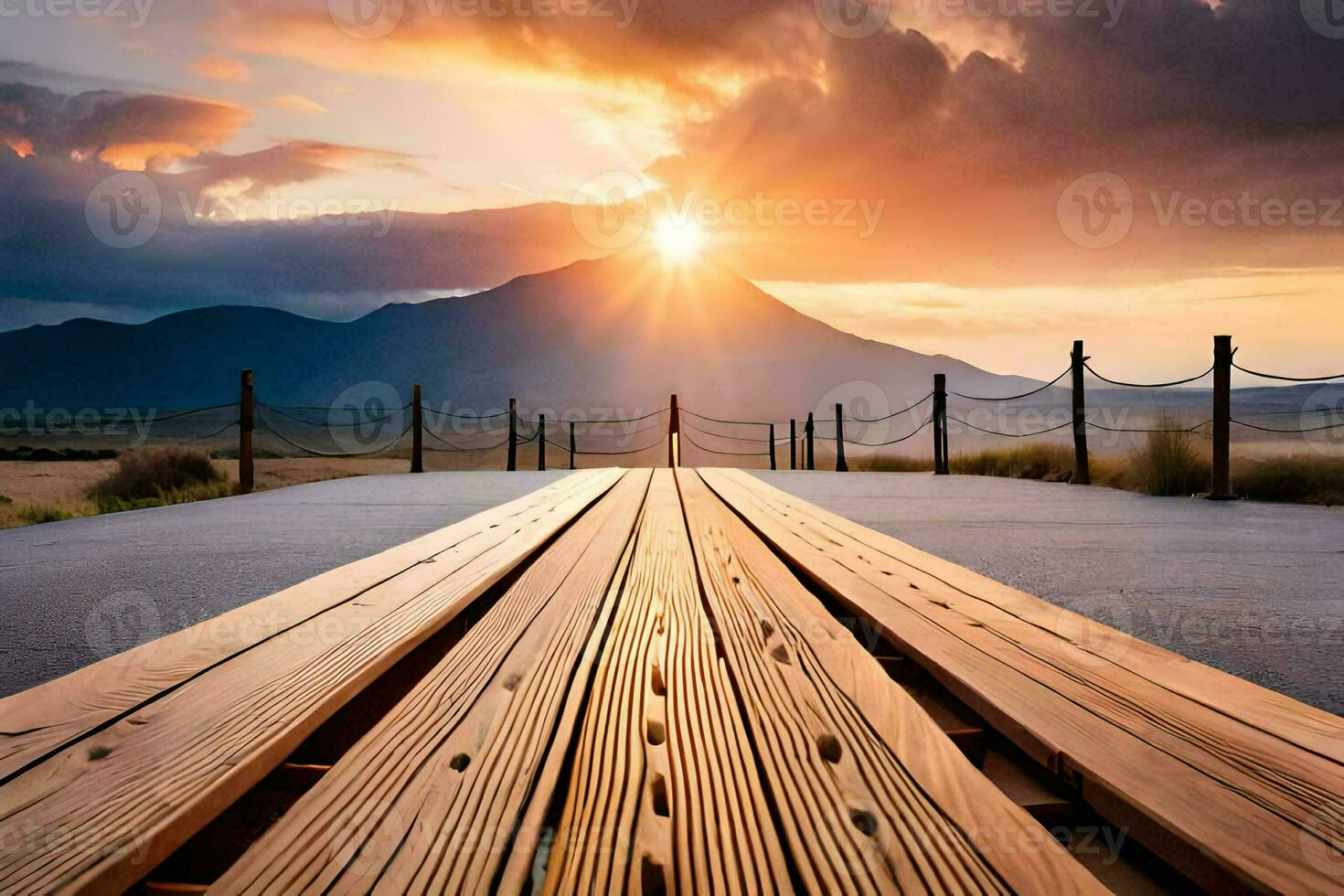 a wooden walkway leading to the sun. AI-Generated photo