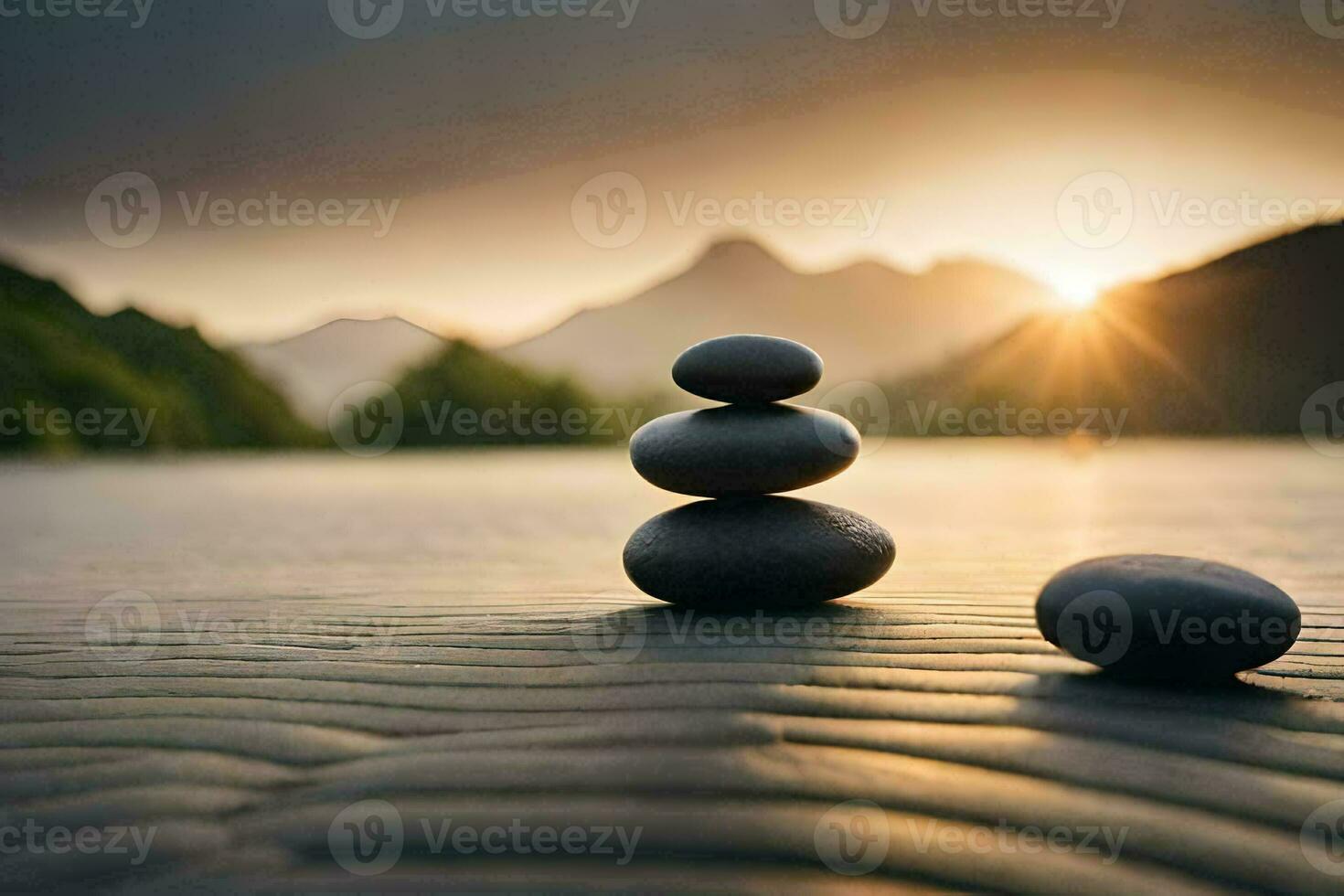 zen stones in the water, mountains, nature, hd wallpaper. AI-Generated photo