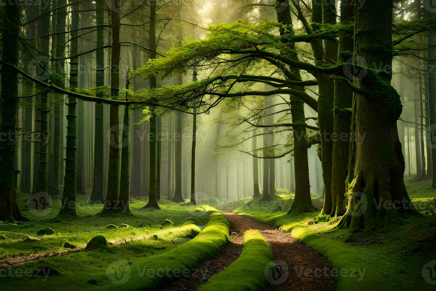 a path through a forest with trees and grass. AI-Generated photo