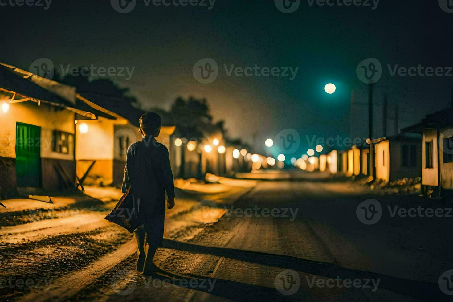 a man walking down a street at night with a bag. AI-Generated photo