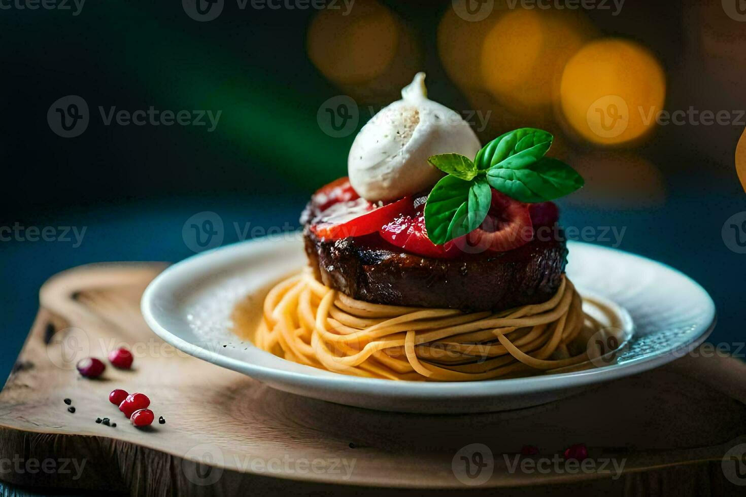 a plate with spaghetti and a dessert on it. AI-Generated photo