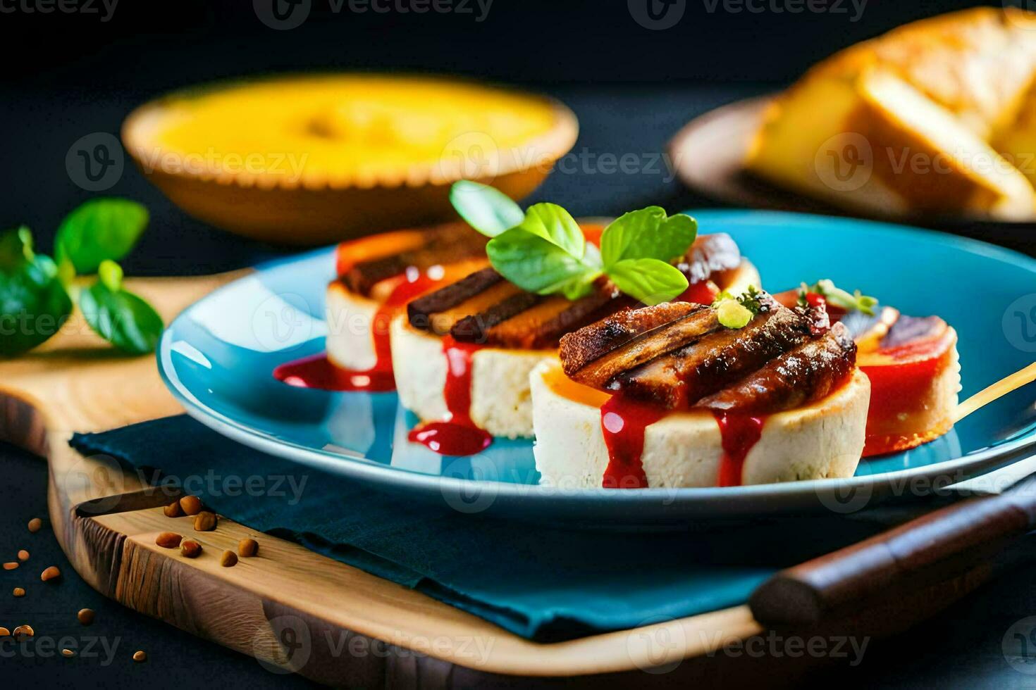 a plate with food on it and a knife. AI-Generated photo