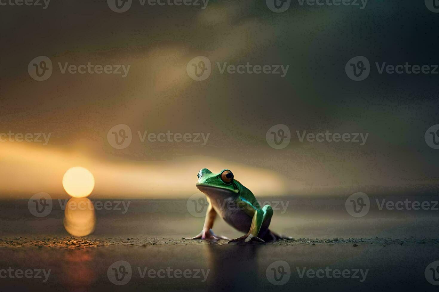 a frog sitting on the ground in front of the sun. AI-Generated photo