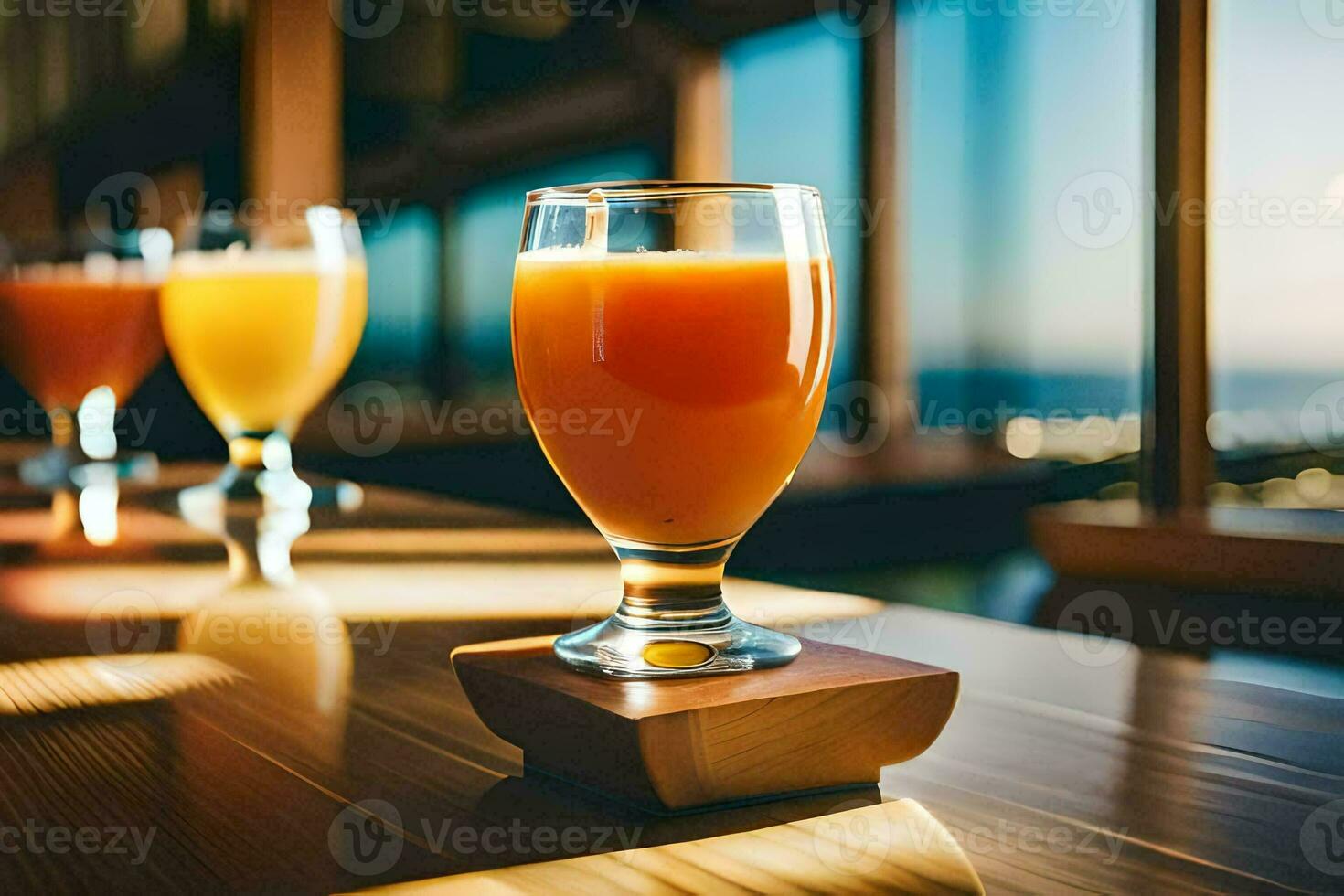 three glasses of orange juice on a wooden table. AI-Generated photo