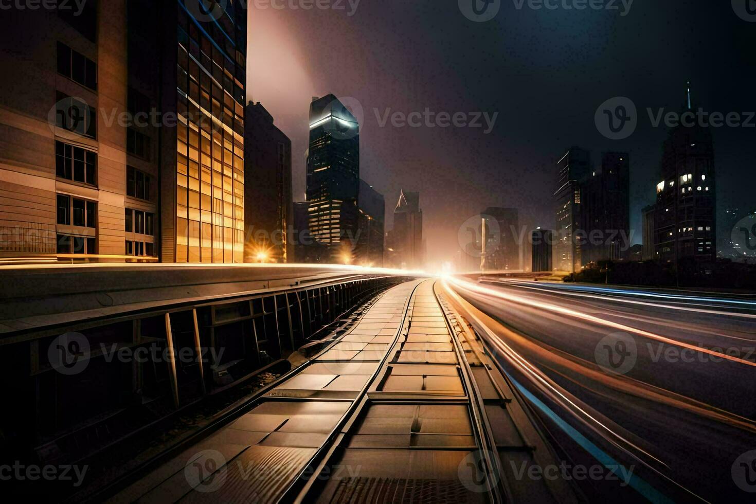 a long exposure photograph of a city street at night. AI-Generated photo