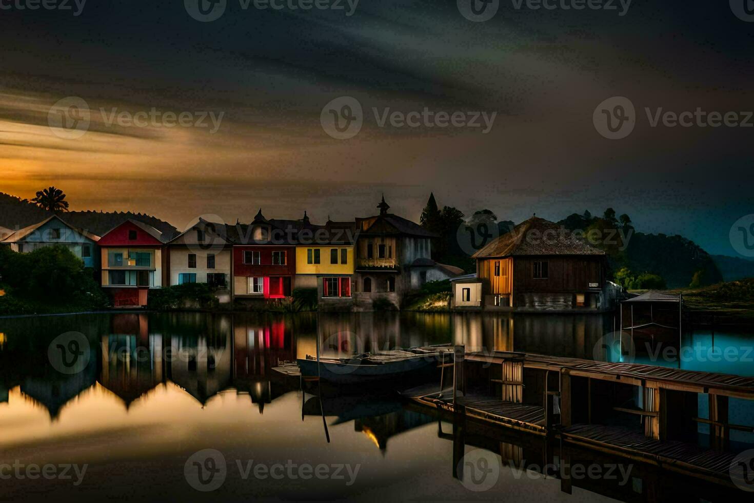 a boat is docked at the end of a dock at sunset. AI-Generated photo