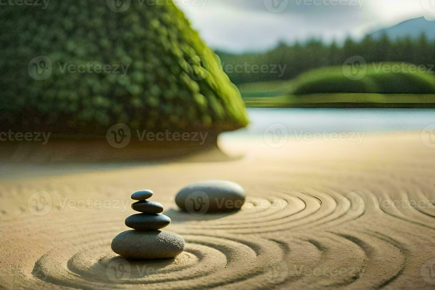 a zen garden with stones and a tree. AI-Generated photo