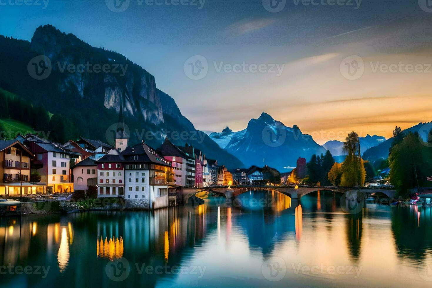 the beautiful town of switzerland at sunset. AI-Generated photo
