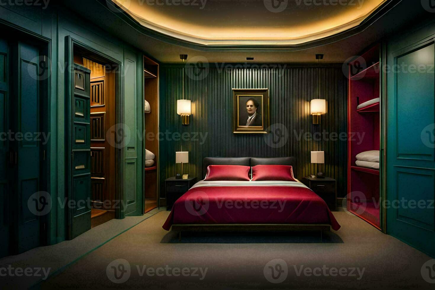 a bedroom with a bed and a painting on the wall. AI-Generated photo