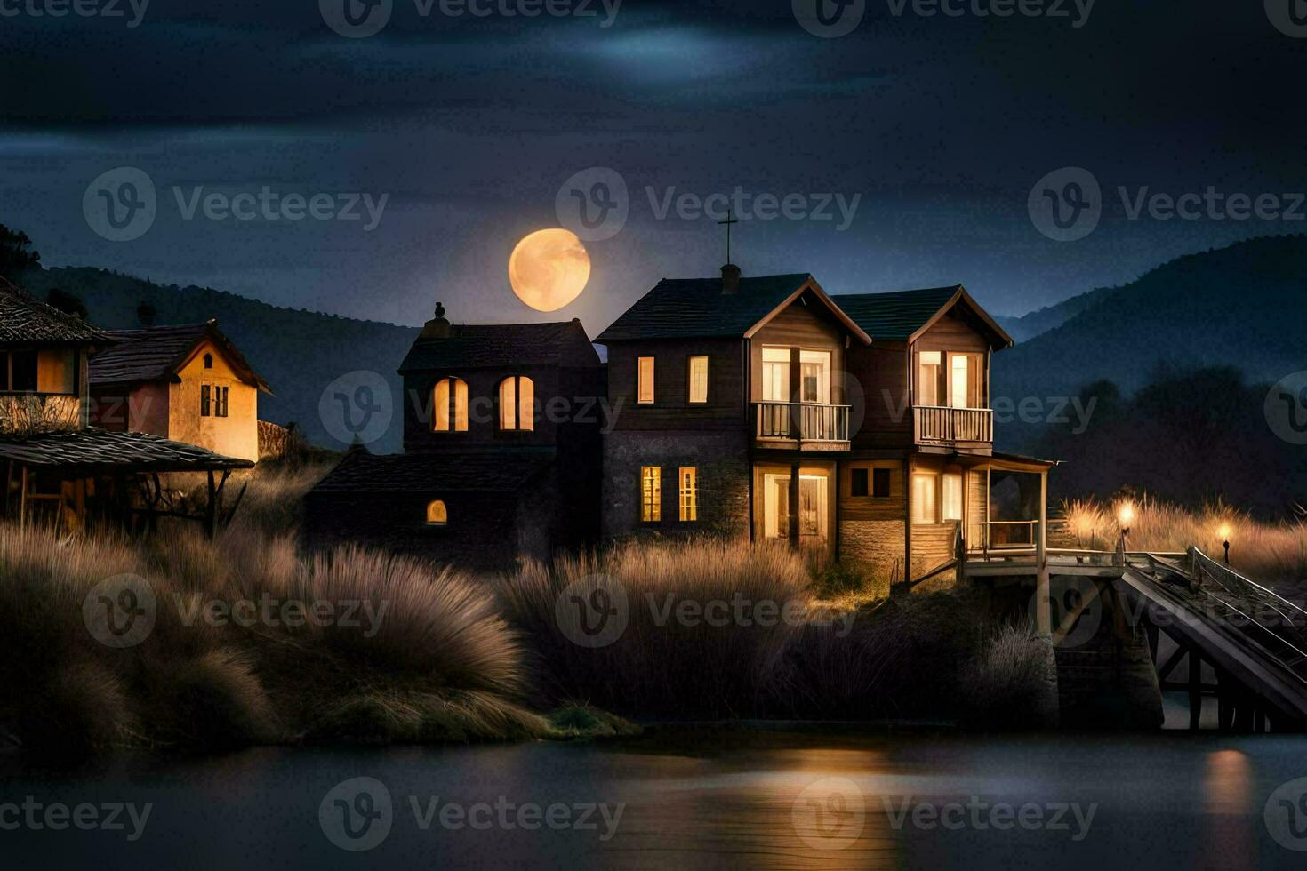 photo wallpaper the moon, house, lake, water, the moon, the sky, the water. AI-Generated