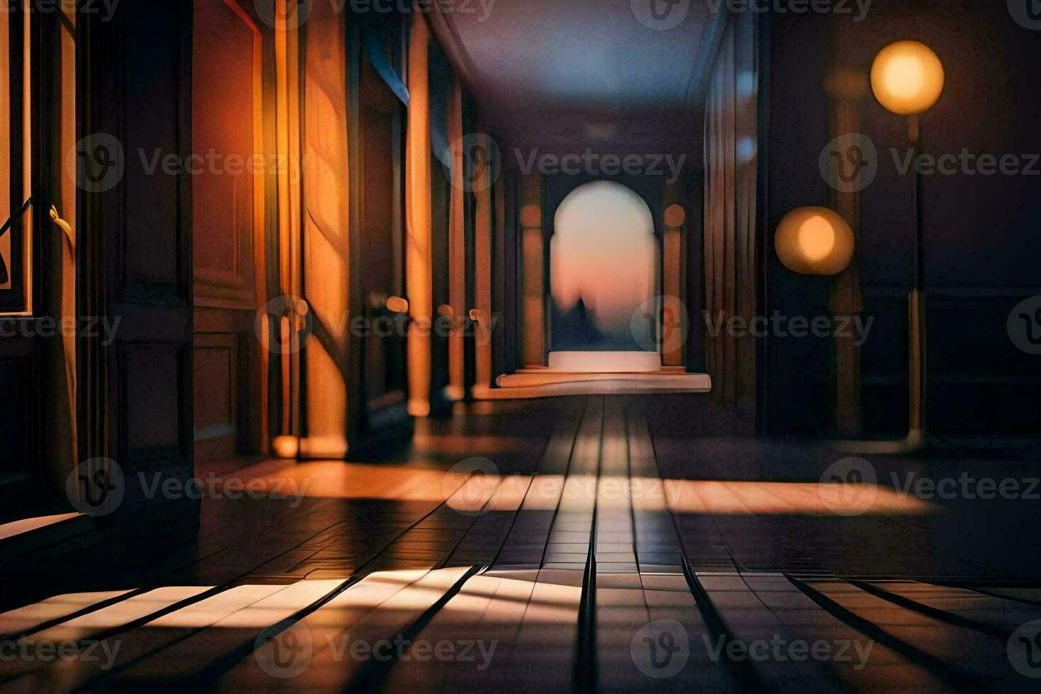 a hallway with light shining through the windows. AI-Generated photo