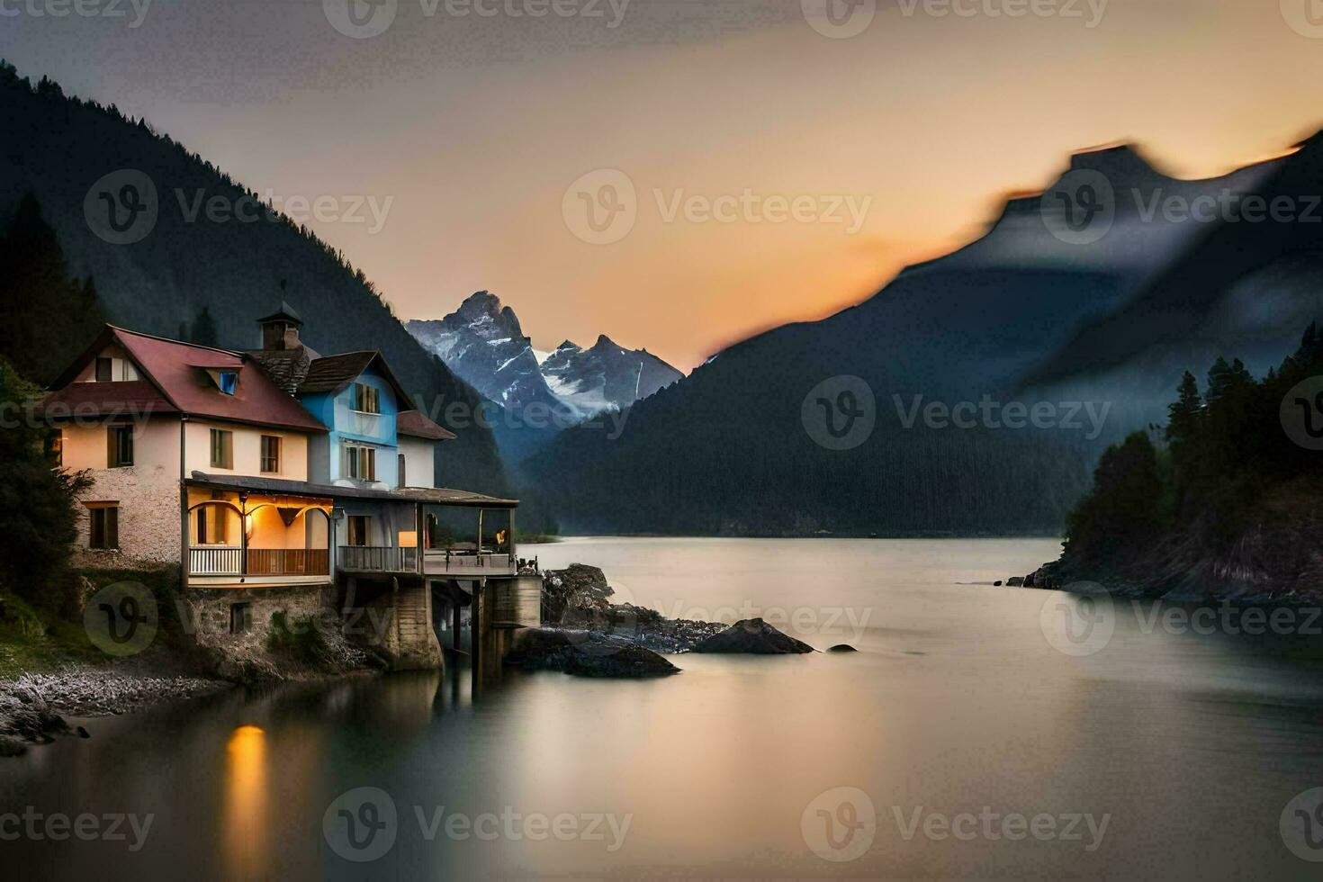 a house sits on the shore of a lake at sunset. AI-Generated photo
