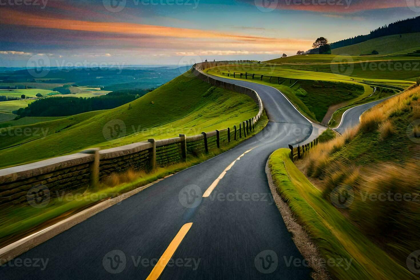 a winding road in the middle of a green valley. AI-Generated photo